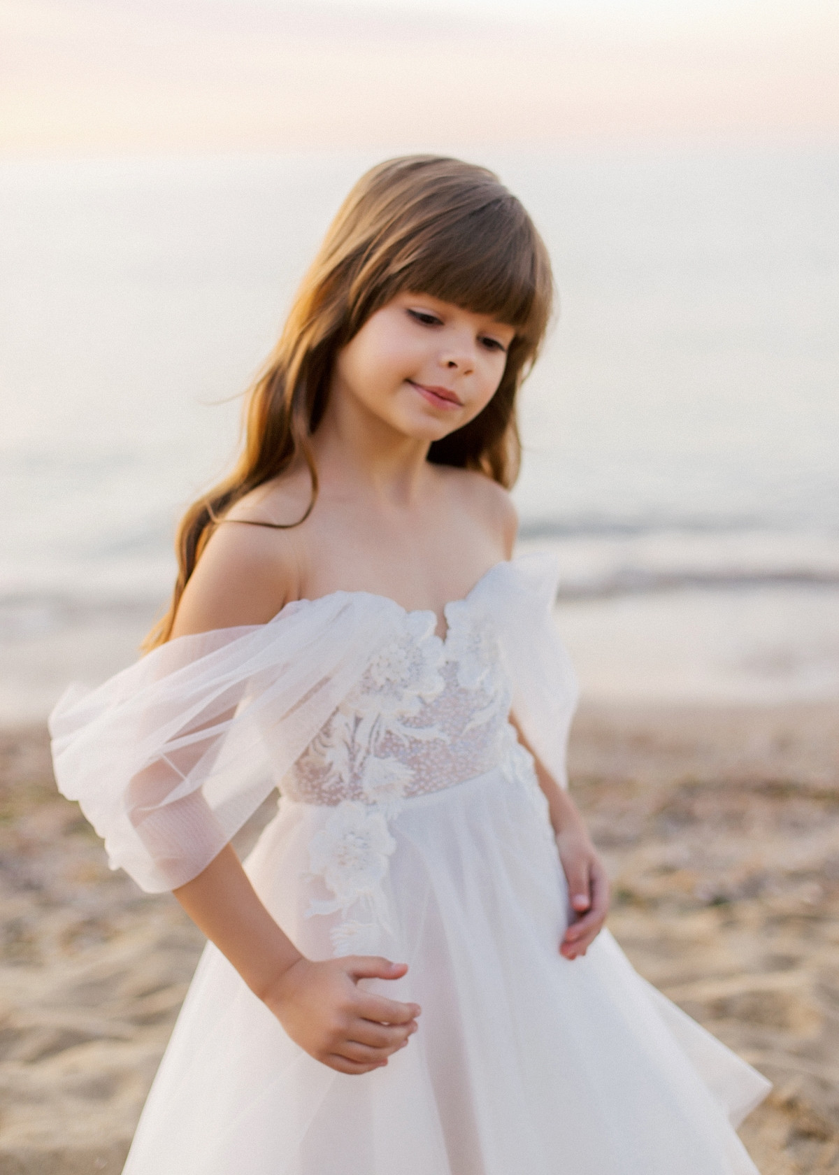 A-line Off Shoulder White Lace Tulle Beaded Flower Girl Dress